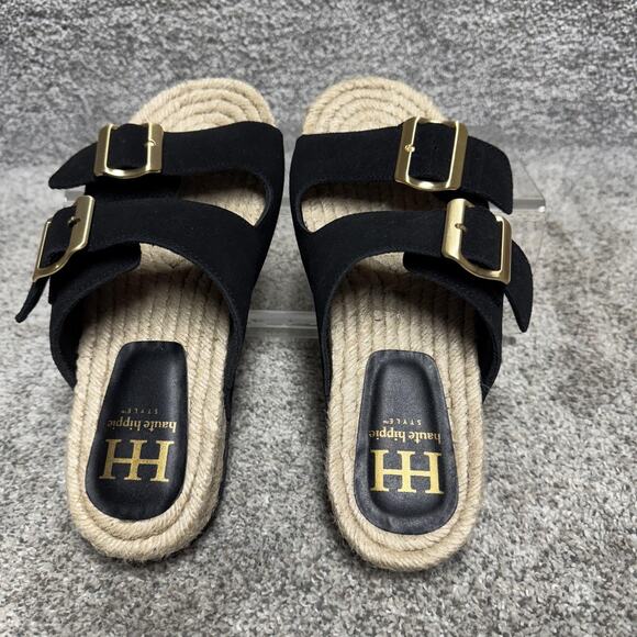 Haute Hippie Style Sandals Womens Size 6.5 Black Espadrille Double Buckle Slides - Picture 5 of 9